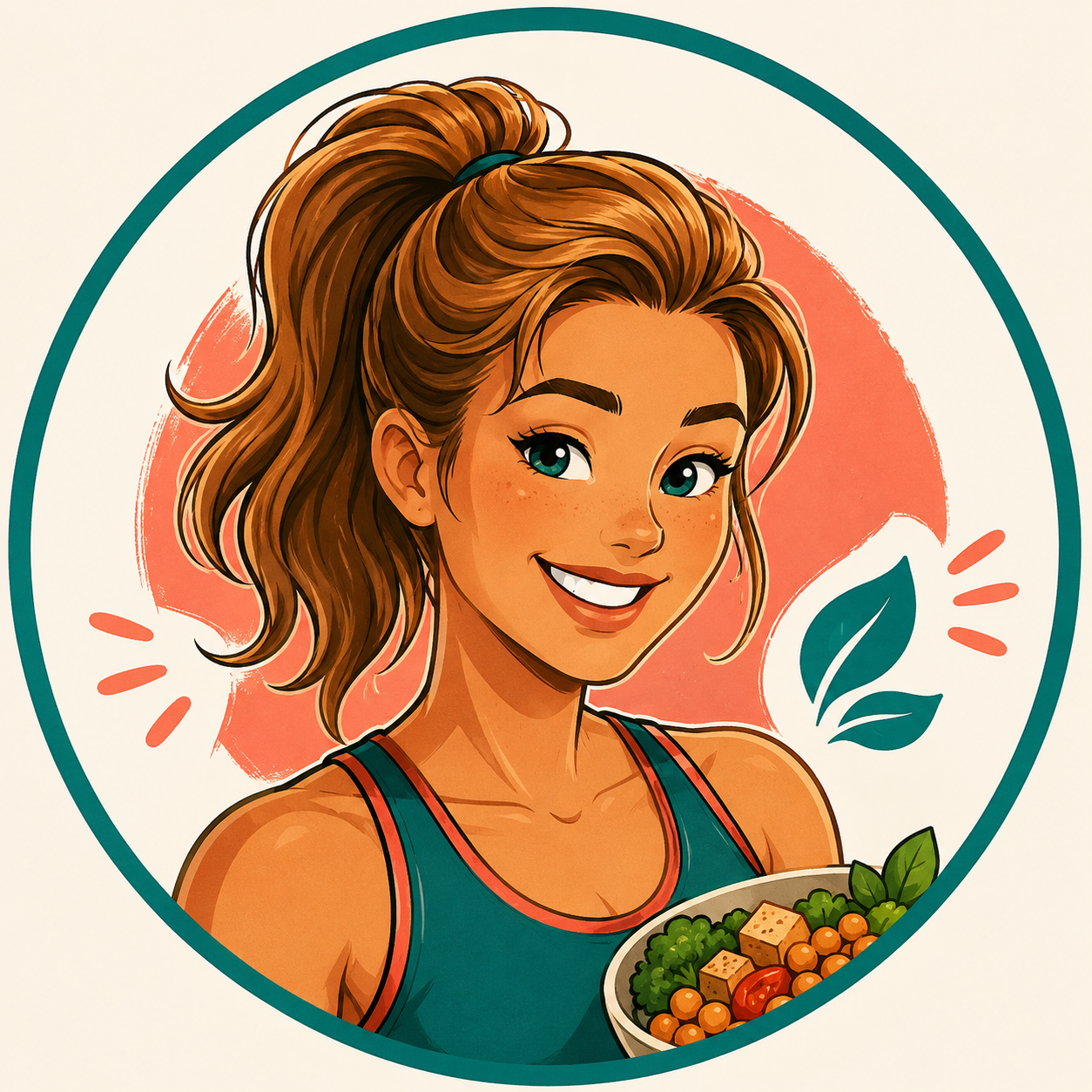 The Fueled Vegan — illustrated athletic woman holding a vegan protein bowl